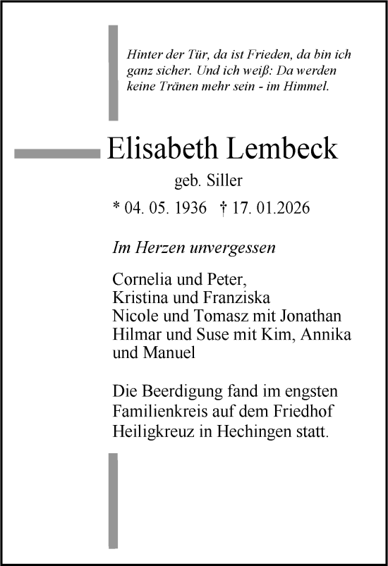 Traueranzeige von Elisabeth Lembeck von SÜDWEST PRESSE Zollernalbkreis