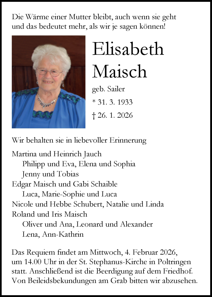  Traueranzeige für Elisabeth Maisch vom 31.01.2026 aus Schwäbische Tagblatt