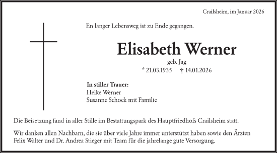 Traueranzeige von Elisabeth Werner von Hohenloher Tagblatt