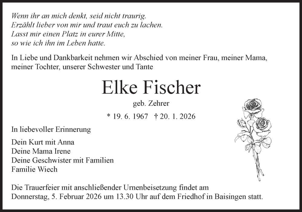  Traueranzeige für Elke Fischer vom 30.01.2026 aus Schwäbische Tagblatt