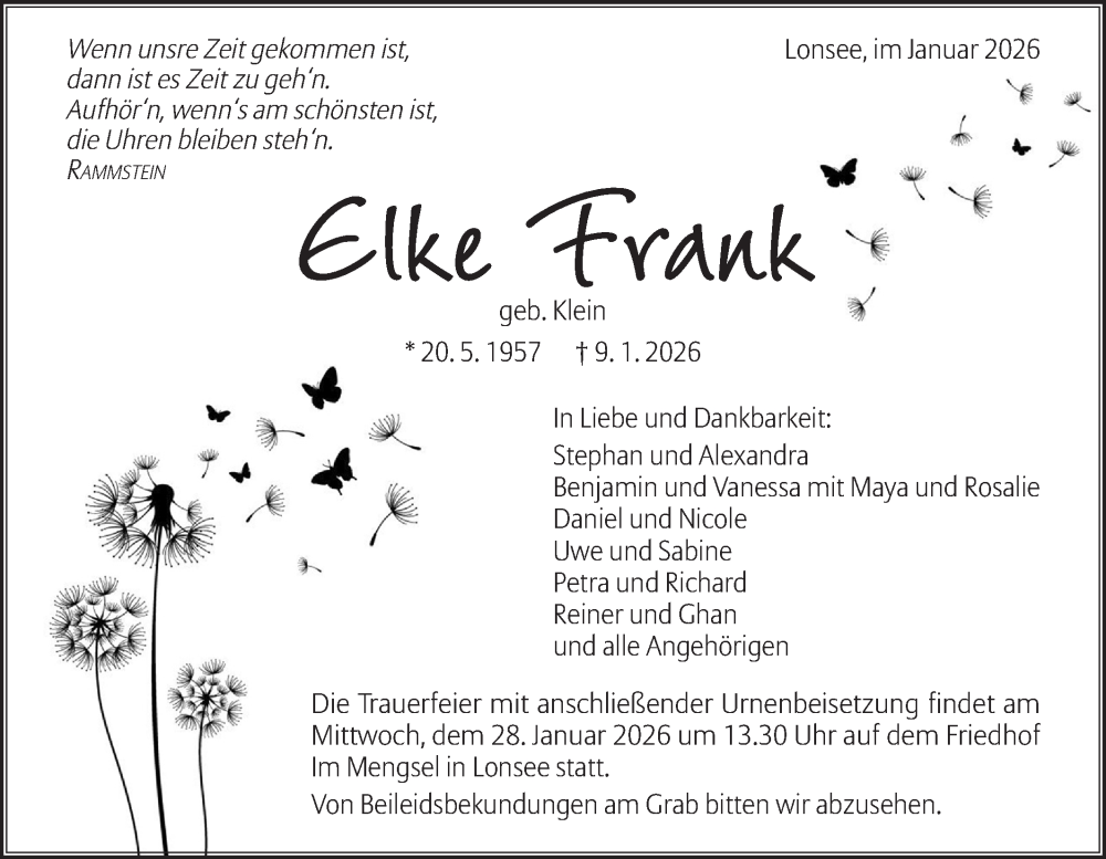  Traueranzeige für Elke Frank vom 24.01.2026 aus SÜDWEST PRESSE Ausgabe Ulm/Neu-Ulm