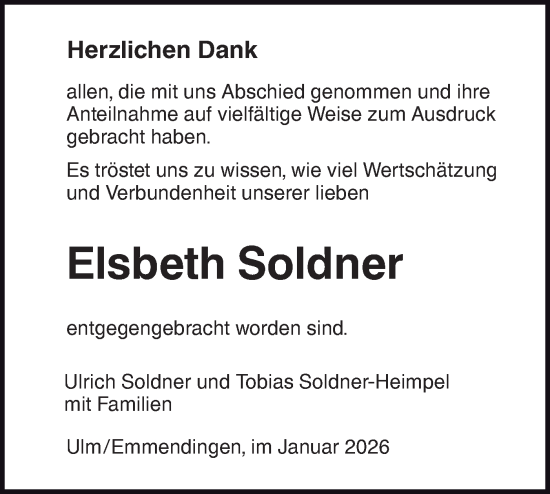 Traueranzeige von Elsbeth Soldner von SÜDWEST PRESSE Ausgabe Ulm/Neu-Ulm/Ehingen