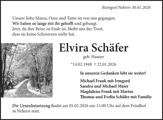 Traueranzeige von Elvira Schäfer von SÜDWEST PRESSE Zollernalbkreis/Schwäbische Tagblatt