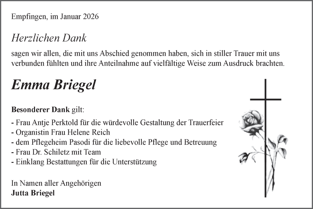  Traueranzeige für Emma Briegel vom 31.01.2026 aus Neckar-Chronik