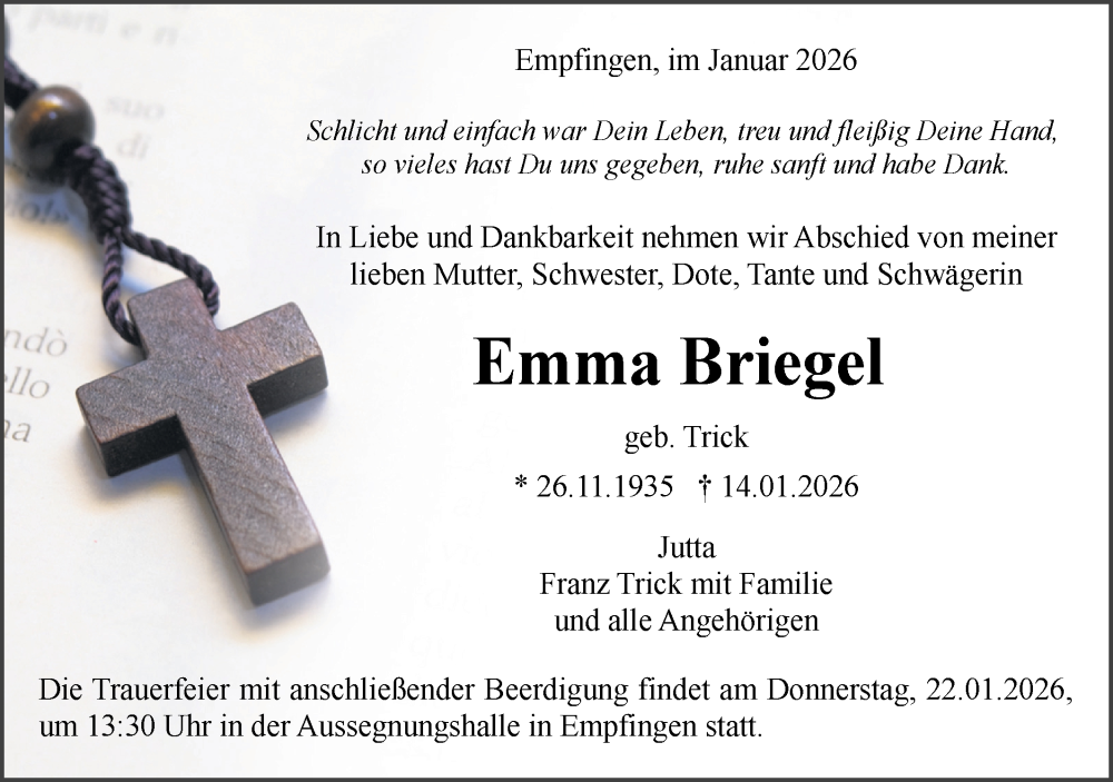  Traueranzeige für Emma Briegel vom 17.01.2026 aus Neckar-Chronik