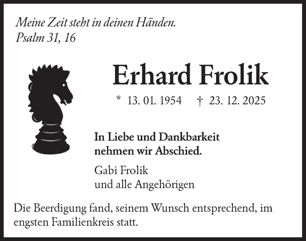  Traueranzeige für Erhard Frolik vom 31.01.2026 aus Schwäbische Tagblatt