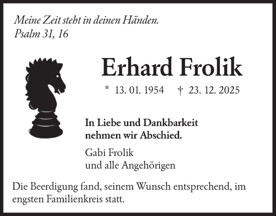 Traueranzeige von Erhard Frolik von Schwäbische Tagblatt
