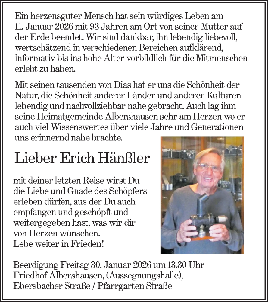  Traueranzeige für Erich Hänßler vom 29.01.2026 aus NWZ Neue Württembergische Zeitung