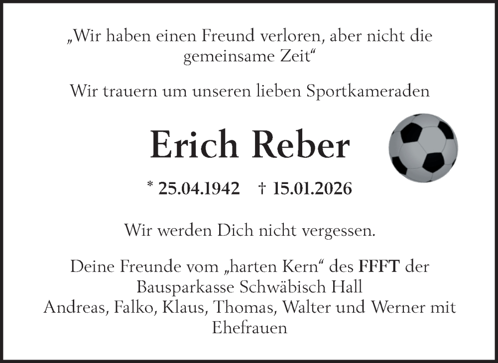  Traueranzeige für Erich Reber vom 28.01.2026 aus Haller Tagblatt