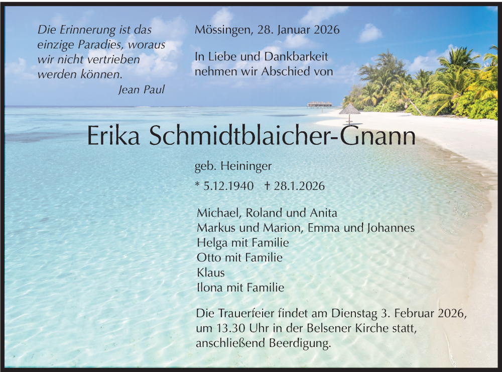 Traueranzeige für Erika Schmidtblaicher-Gnann vom 31.01.2026 aus Schwäbische Tagblatt