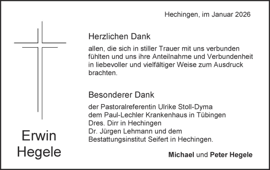 Traueranzeige von Erwin Hegele von SÜDWEST PRESSE Zollernalbkreis