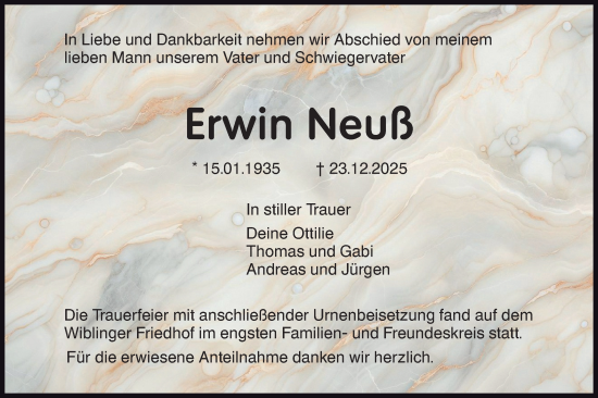 Traueranzeige von Erwin Neuß von SÜDWEST PRESSE Ausgabe Ulm/Neu-Ulm/Ehingen