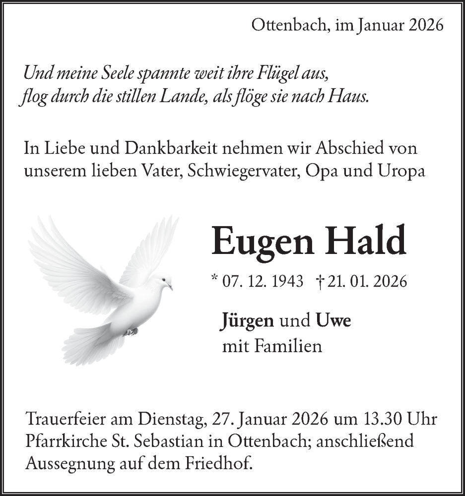  Traueranzeige für Eugen Hald vom 23.01.2026 aus NWZ Neue Württembergische Zeitung