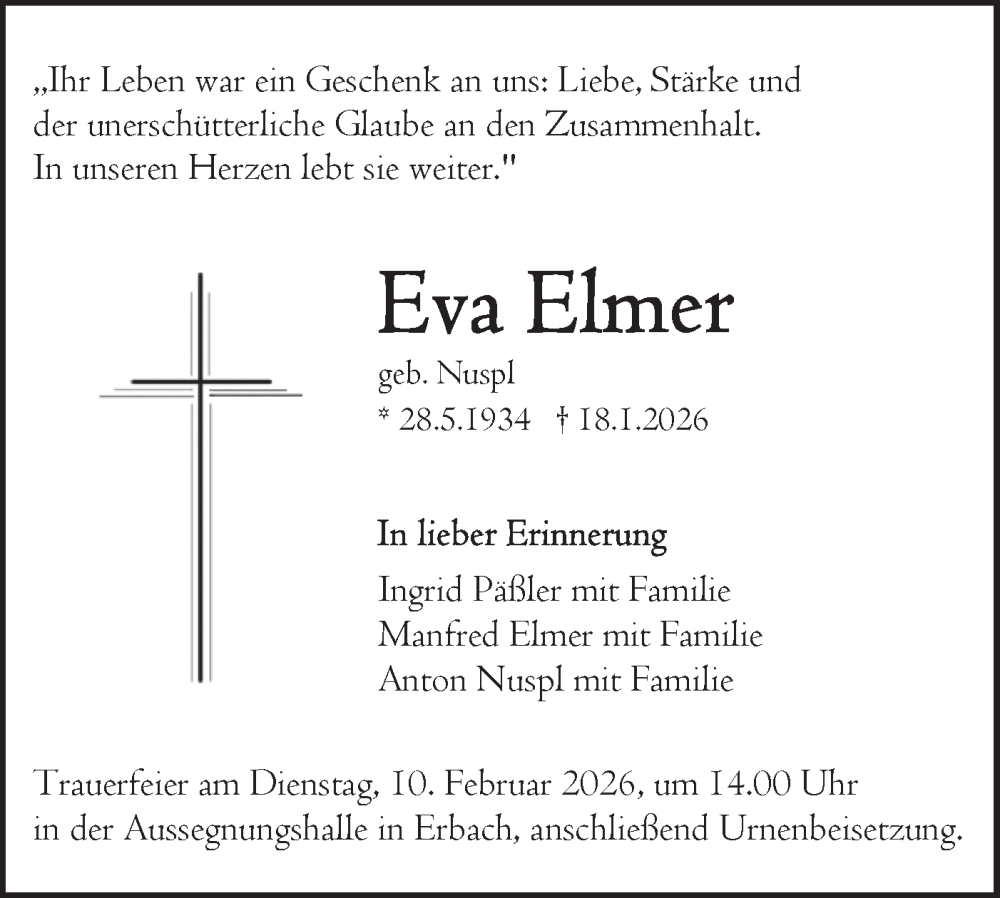  Traueranzeige für Eva Elmer vom 31.01.2026 aus SÜDWEST PRESSE Ausgabe Ulm/Neu-Ulm/Ehingen