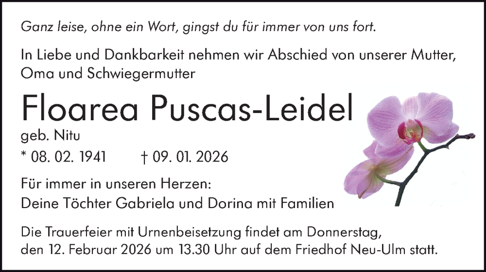  Traueranzeige für Floarea Puscas-Leidel vom 31.01.2026 aus SÜDWEST PRESSE Ausgabe Ulm/Neu-Ulm/Ehingen