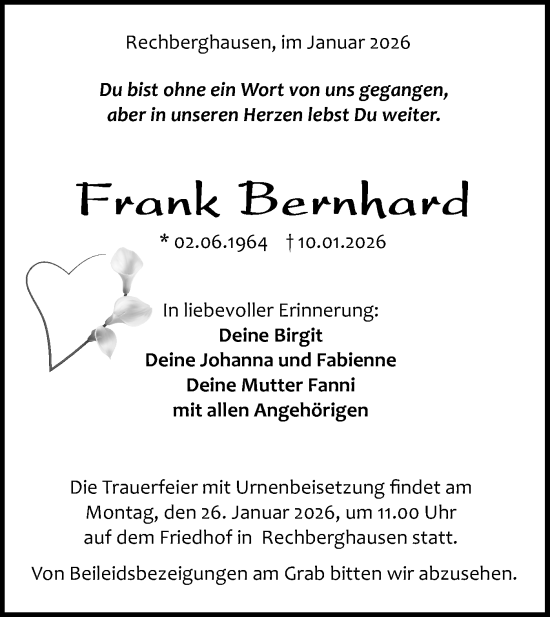 Traueranzeige von Frank Bernhard von NWZ Neue Württembergische Zeitung
