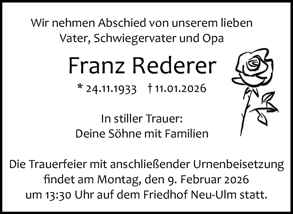  Traueranzeige für Franz Rederer vom 24.01.2026 aus SÜDWEST PRESSE Ausgabe Ulm/Neu-Ulm