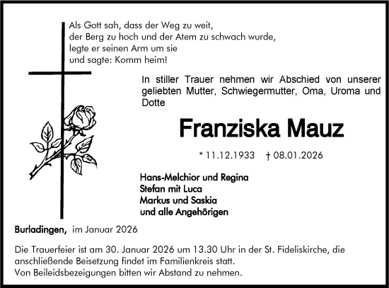 Traueranzeige von Franziska Mauz von SÜDWEST PRESSE Zollernalbkreis/Hohenzollerische Zeitung
