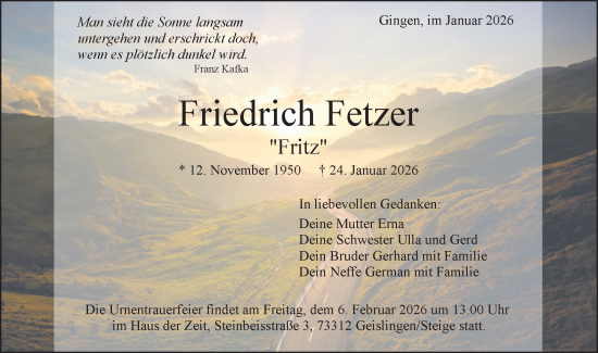 Traueranzeige von Friedrich Fetzer von Geislinger Zeitung