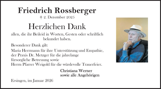Traueranzeige von Friedrich Rossberger von Ehinger Tagblatt
