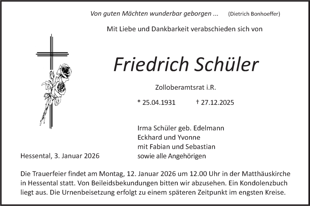  Traueranzeige für Friedrich Schüler vom 03.01.2026 aus Haller Tagblatt