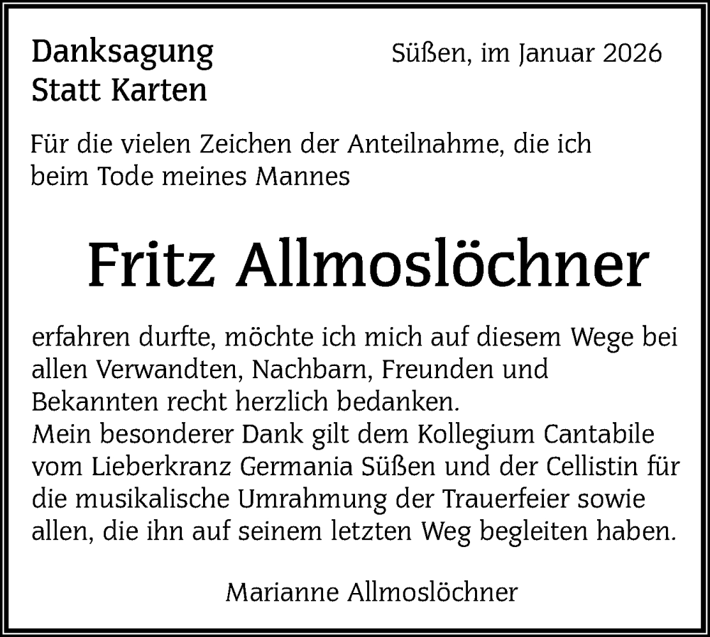  Traueranzeige für Fritz Allmoslöchner vom 29.01.2026 aus NWZ Neue Württembergische Zeitung
