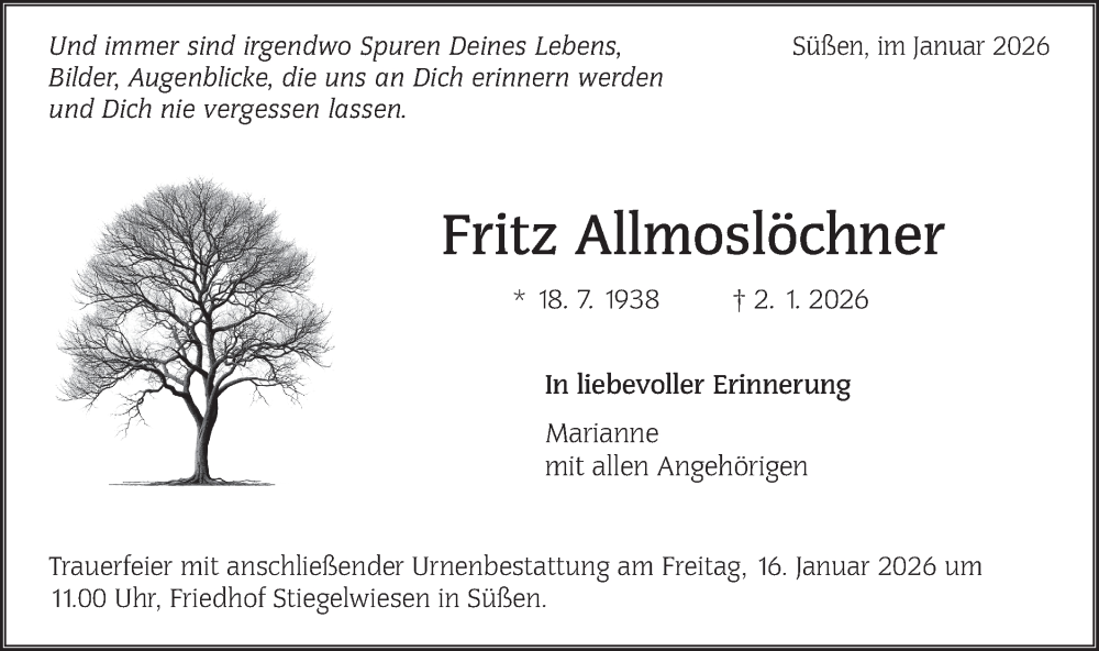  Traueranzeige für Fritz Allmoslöchner vom 10.01.2026 aus NWZ Neue Württembergische Zeitung