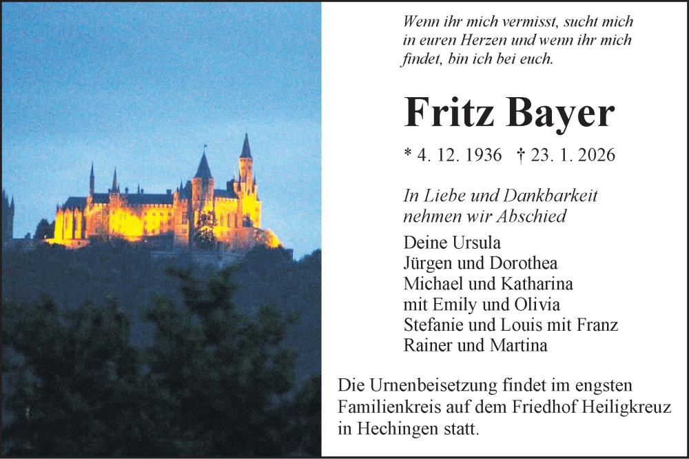 Traueranzeige für Fritz Bayer vom 31.01.2026 aus SÜDWEST PRESSE Zollernalbkreis
