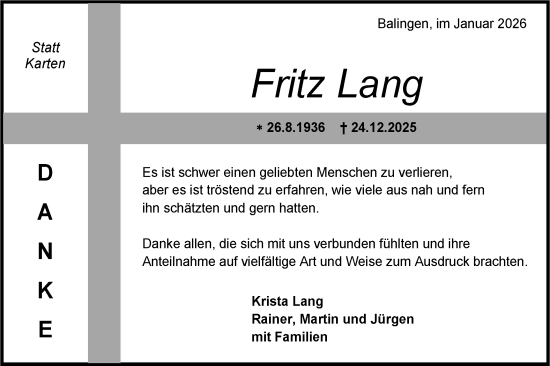 Traueranzeige von Fritz Lang von SÜDWEST PRESSE Zollernalbkreis
