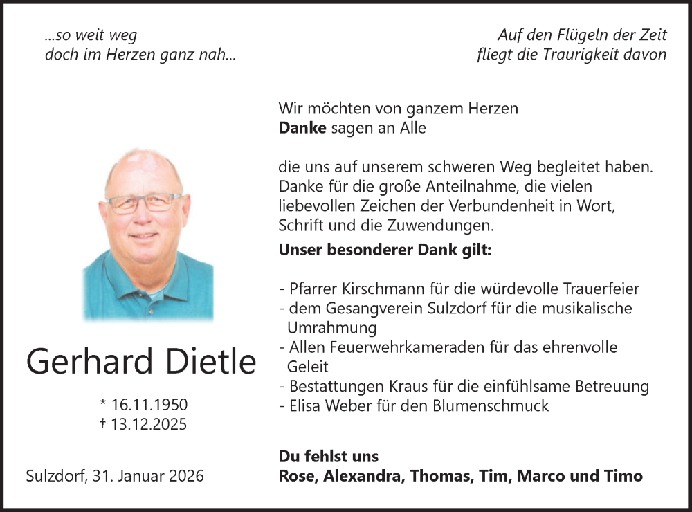  Traueranzeige für Gerhard Dietle vom 31.01.2026 aus Haller Tagblatt