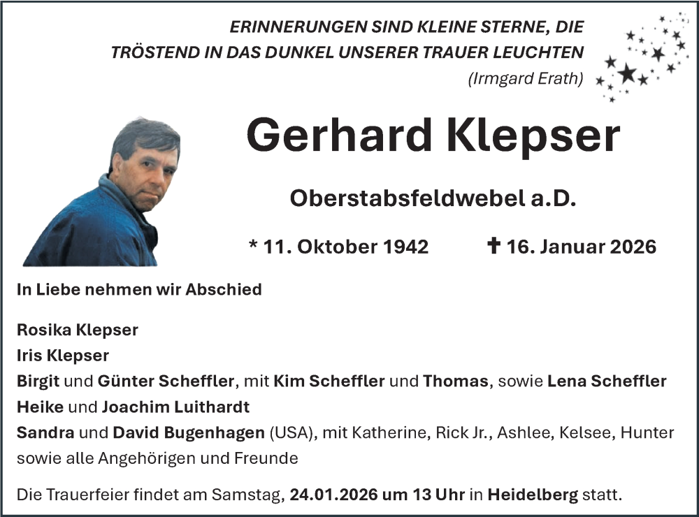  Traueranzeige für Gerhard Klepser vom 21.01.2026 aus SÜDWEST PRESSE Ausgabe Ulm/Neu-Ulm