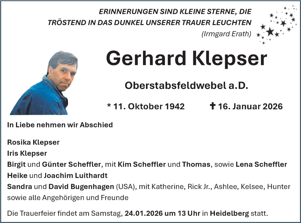  Traueranzeige für Gerhard Klepser vom 22.01.2026 aus Geislinger Zeitung