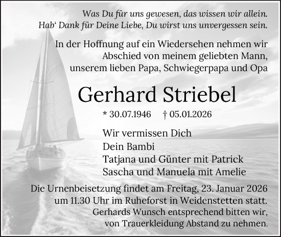 Traueranzeige von Gerhard Striebel von SÜDWEST PRESSE Ausgabe Ulm/Neu-Ulm