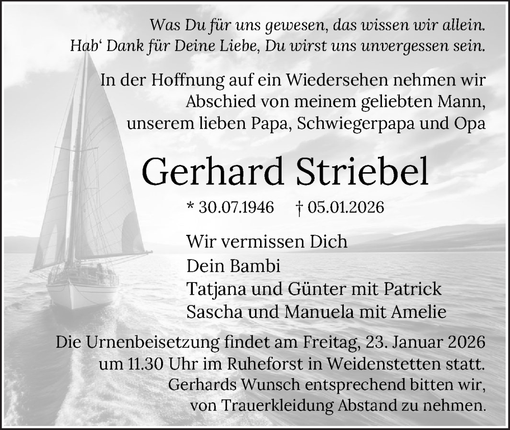  Traueranzeige für Gerhard Striebel vom 17.01.2026 aus SÜDWEST PRESSE Ausgabe Ulm/Neu-Ulm