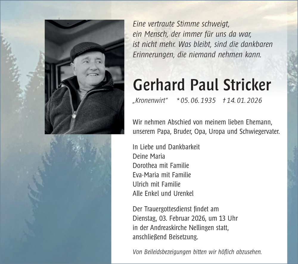  Traueranzeige für Gerhard Paul Stricker vom 24.01.2026 aus Geislinger Zeitung