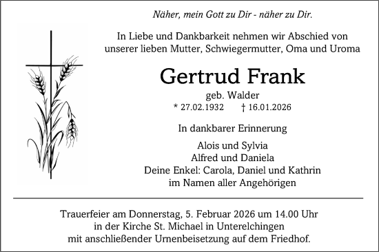 Traueranzeige von Gertrud Frank von SÜDWEST PRESSE Ausgabe Ulm/Neu-Ulm/Ehingen