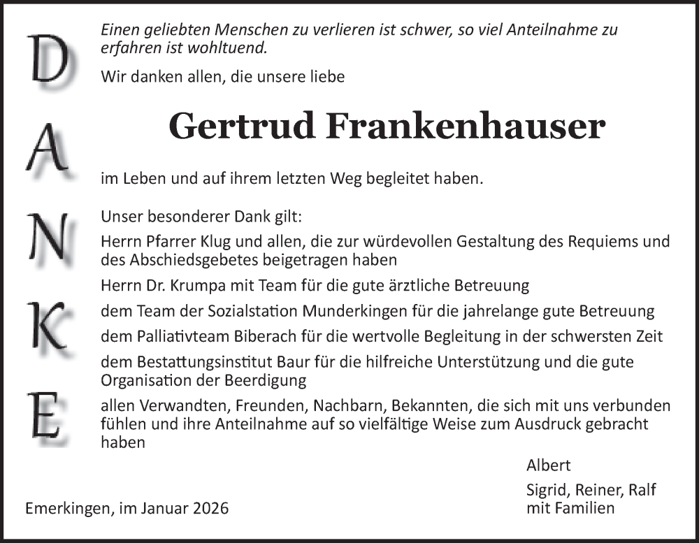  Traueranzeige für Gertrud Frankenhauser vom 29.01.2026 aus Ehinger Tagblatt