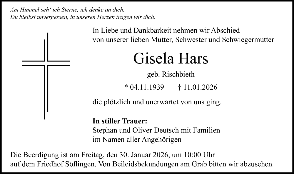  Traueranzeige für Gisela Hars vom 28.01.2026 aus SÜDWEST PRESSE Ausgabe Ulm/Neu-Ulm/Ehingen