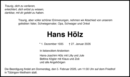 Traueranzeige von Hans Hölz von Schwäbische Tagblatt