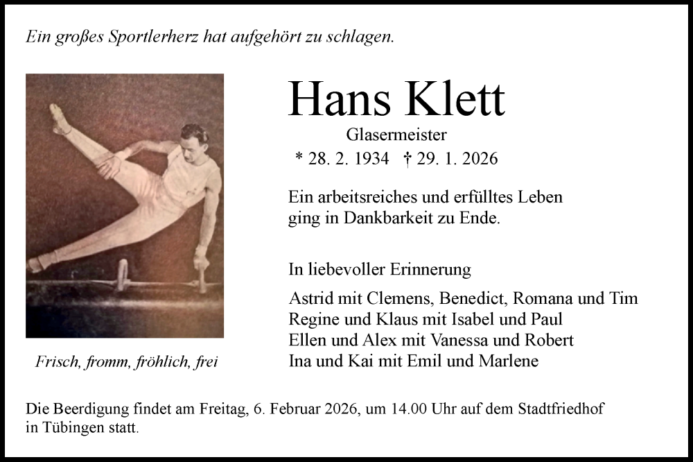  Traueranzeige für Hans Klett vom 31.01.2026 aus Schwäbische Tagblatt
