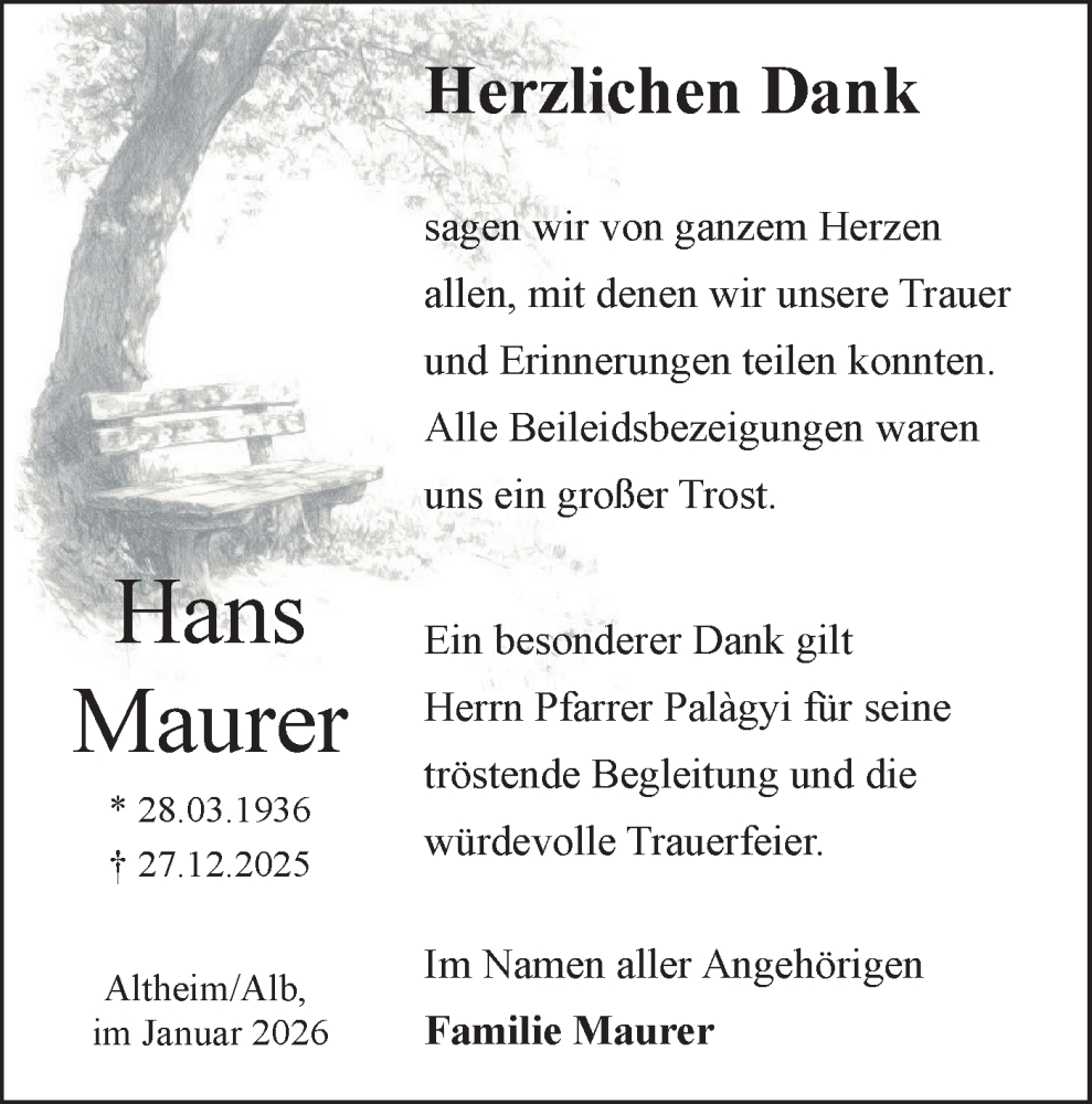 Traueranzeige für Hans Maurer vom 31.01.2026 aus SÜDWEST PRESSE Ausgabe Ulm/Neu-Ulm/Ehingen