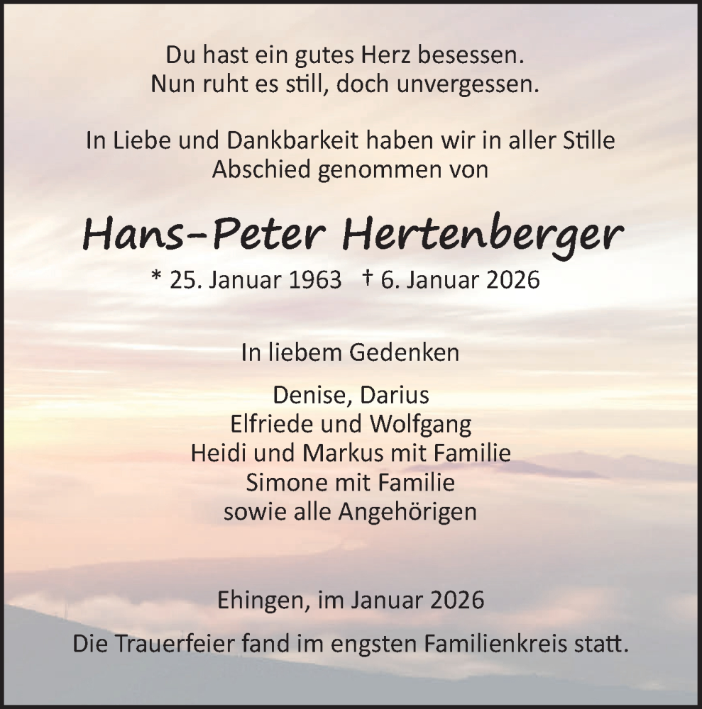  Traueranzeige für Hans-Peter Hertenberger vom 28.01.2026 aus Ehinger Tagblatt