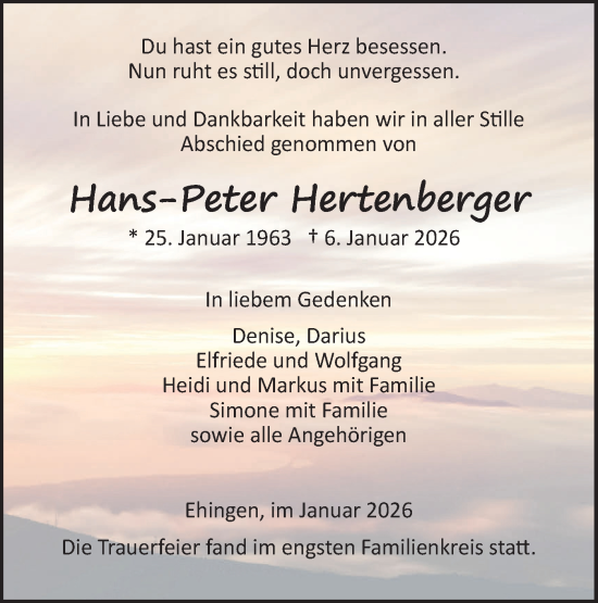 Traueranzeige von Hans-Peter Hertenberger von Ehinger Tagblatt
