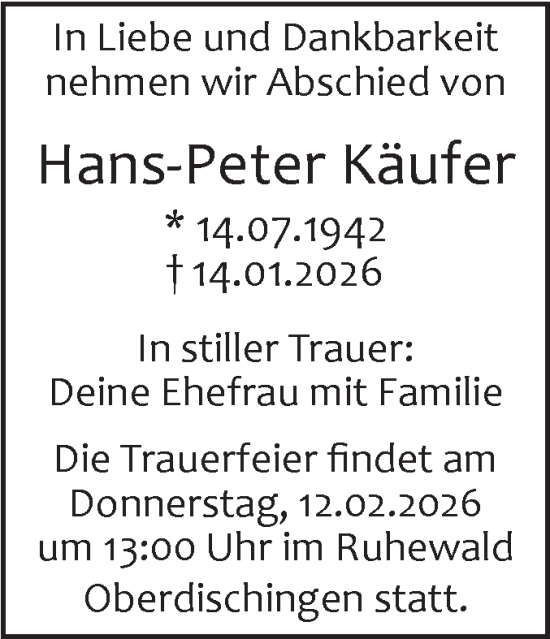 Traueranzeige von Hans-Peter Käufer von SÜDWEST PRESSE Ausgabe Ulm/Neu-Ulm/Ehingen