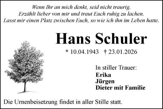 Traueranzeige von Hans Schuler von SÜDWEST PRESSE Ausgabe Ulm/Neu-Ulm/Ehingen