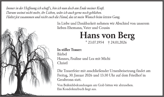 Traueranzeige von Hans von Berg von Hohenloher Tagblatt