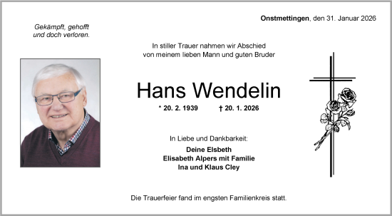 Traueranzeige von Hans Wendelin von SÜDWEST PRESSE Zollernalbkreis