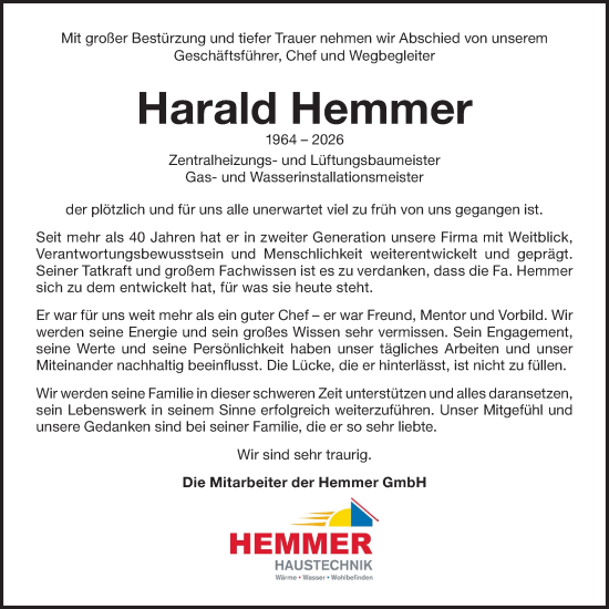 Traueranzeige von Harald Hemmer von SÜDWEST PRESSE Zollernalbkreis/Hohenzollerische Zeitung