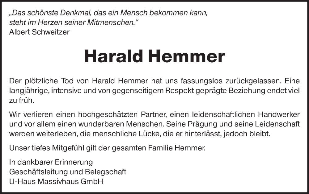  Traueranzeige für Harald Hemmer vom 23.01.2026 aus SÜDWEST PRESSE Zollernalbkreis/Hohenzollerische Zeitung
