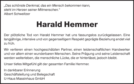 Traueranzeige von Harald Hemmer von SÜDWEST PRESSE Zollernalbkreis/Hohenzollerische Zeitung